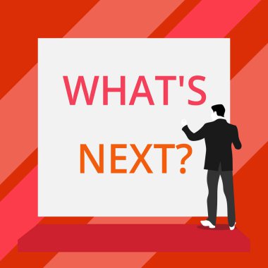 Word yazma metni ne sonraki soru S. Bilgi almak için iş konsepti sorgu sorgula araştırma probları araştır geri görünüm genç adam giyinmiş takım elbise ayakta platform boş dikdörtgen karşı karşıya.