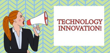 Teknoloji Inovasyonunu gösteren kavramsal el yazısı. İş fotoğraf metni gelişmiş net bağlı cihazlar yaratıcı tekniği kadın ceket Ponytail loudhailer içine çığlık dikdörtgen kutu.