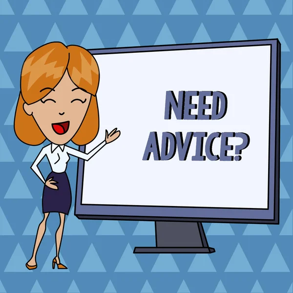 Text sign showing Need Advice Question. Conceptual photo Asking someone if he want recommendations or guidance White Female in Standing Pointing Blank Screen Whiteboard Presentation.