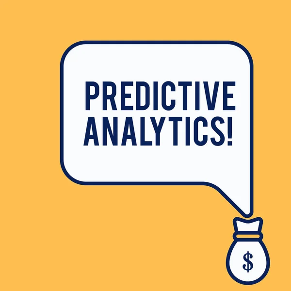 Texto de escritura de palabras Análisis predictivo. Concepto de negocio para optimizar la colección Lograr CRM Identificar al cliente Vista frontal aislada burbuja de voz apuntando hacia abajo dólar USD bolsa de dinero icono . —  Fotos de Stock