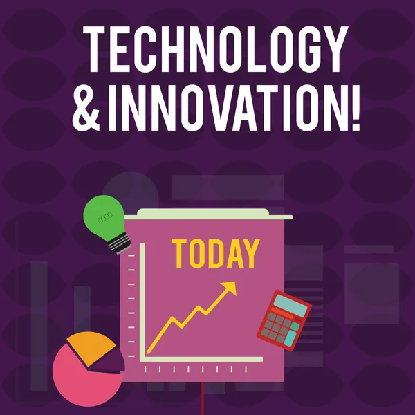 Handstil text handstil teknologi och innovation. Begreppet betyder tillämpning av bättre lösning för nya marknaden behöver investeringar ikoner av Pie och linje diagram med pil Going up glöd lampa Calculator. — Stockfoto