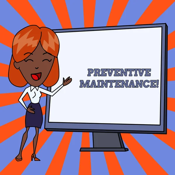 Handwriting text Preventive Maintenance. Concept meaning Avoid Breakdown done while machine still working White Female in Standing Pointing Blank Screen Whiteboard Presentation.