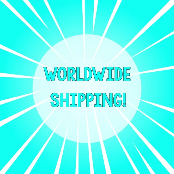 Text sign showing Worldwide Shipping. Conceptual photo Sea Freight Delivery of Goods International Shipment Sunburst Explosion Different Size White Beams Halftone Center Perspective. — Stock Photo, Image