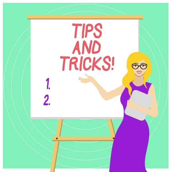Texto de escritura Consejos y trucos. Concept meaning means piece advice maybe suggest how improve White Female in Glasses Standing by Blank Whiteboard on Stand Presentation . — Foto de Stock