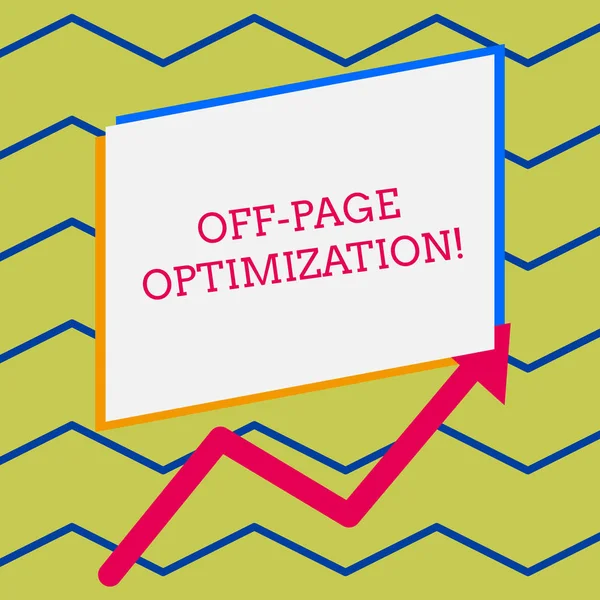 Palabra escribiendo texto Off Page Optimization. Concepto de negocio para el sitio web Método promocional de procesos externos Ranking Línea de flecha de bordes irregulares en la parte inferior de los documentos en blanco de paralelogramo . — Foto de Stock