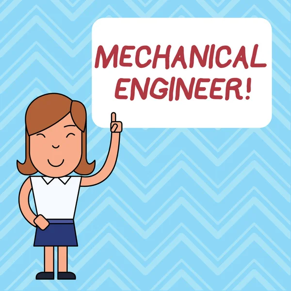 단어 쓰기 텍스트 기계 엔지니어. 기계 시스템에 대 한 응용 공학 규율에 대 한 비즈니스 개념 왼쪽 인덱스 손가락을 가리키는 빈 텍스트 상자에 서 있는 여자 서. — 스톡 사진
