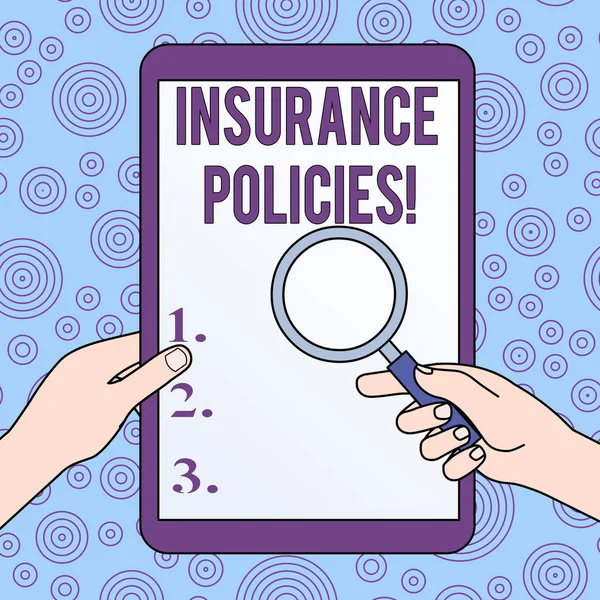 Conceptual hand writing showing Insurance Policies. Business photo showcasing Documented Standard Form Contract Financial Reimbursement Hands Holding Magnifying Glass Against Switched Off Tablet. — Stock Photo, Image