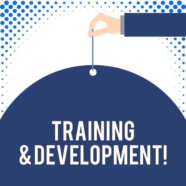 Handwriting text Training And Development. Concept meaning Organize Additional Learning expedite Skills Male hand arm needle punching big half blank balloon geometrical background.