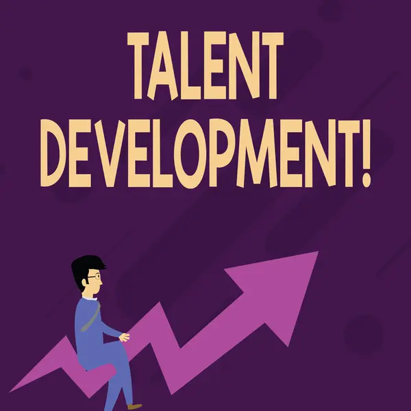 Texto para escrita de palavras Talent Development. Conceito de negócio para a construção de habilidades Habilidades Melhorar Líder potencial Empresário com óculos Montando Crooked Color Arrow Apontando para cima . — Fotografia de Stock