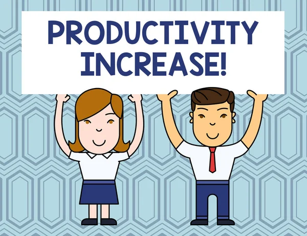 Text tecken som visar produktivitets ökning. Konceptuell bild få mer saker gjorda output per enhet av produkt input två leende människor håller stora tomma poster styrelse overhead med båda händerna. — Stockfoto
