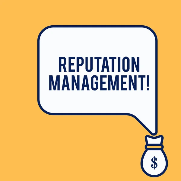 Word writing text Reputation Management. Business concept for Influence and Control the Image Brand Restoration Isolated front view speech bubble pointing down dollar USD money bag icon.