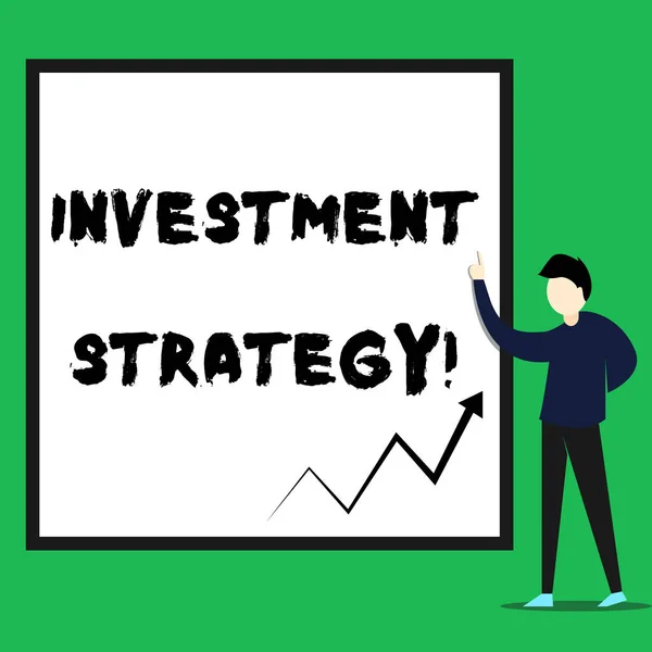 Writing note showing Investment Strategy. Business photo showcasing Set of Rules Procedures Behavior a Guide to an Investor Young man standing pointing up rectangle Geometric background. — Stock Photo, Image