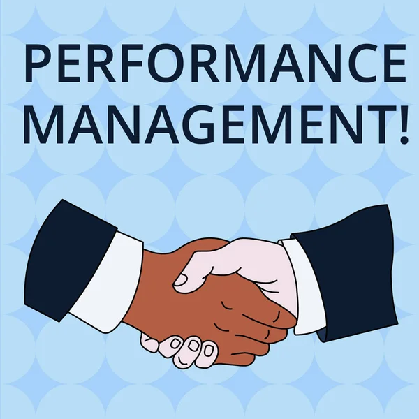 Word writing text Perforanalysisce Management. Business concept for Improve Employee Effectiveness overall Contribution Hand Shake Multiracial Male Business Partners Colleagues Formal Shirt Suit.