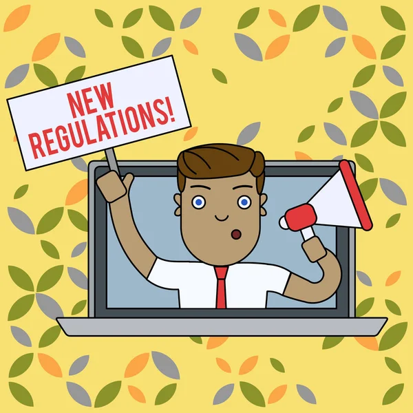 Text sign showing New Regulations. Conceptual photo rules made government order control something done Man Speaking Through Laptop Screen into Megaphone Blank Plate with Handle. — Stock Photo, Image