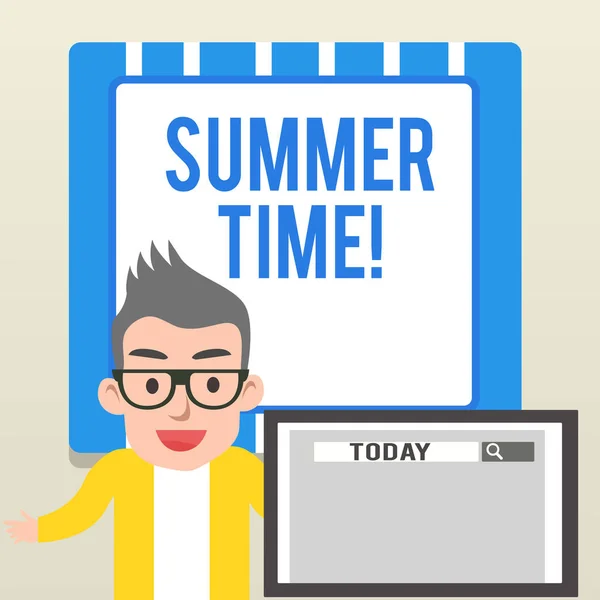 Scrivere testi a mano Summer Time. Concetto significato raggiungere più a lungo la sera l'impostazione estiva orologi ora avanti Altoparlante maschile Monitor con strumento di ricerca sullo schermo Presentazione o relazione . — Foto Stock