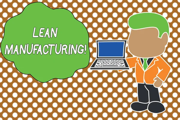 Conceptual hand writing showing Lean Manufacturing. Business photo text Waste Minimization without sacrificing productivity Standing businessman holding open laptop right hand side.