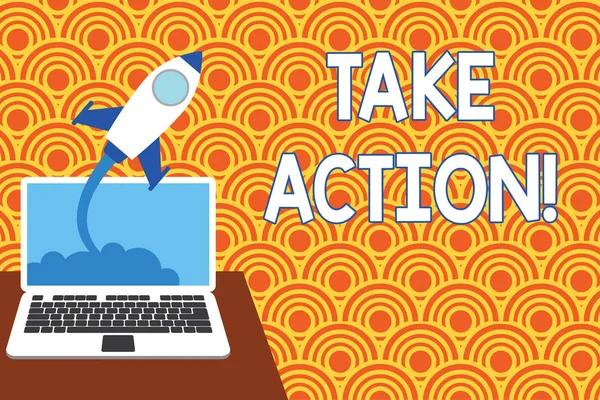 Sinal de texto mostrando Take Action. Foto conceitual fazer algo oficial ou concertado para alcançar o objetivo com o problema Foguete bem sucedido lançando nuvens para fora de fundo laptop. Inicialização em crescimento . — Fotografia de Stock