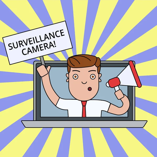 Writing note showing Surveillance Camera. Business photo showcasing Closed Circuit Television transmit signal on monitors Man Speaking Through Laptop into Megaphone Plate with Handle. — Stock Photo, Image