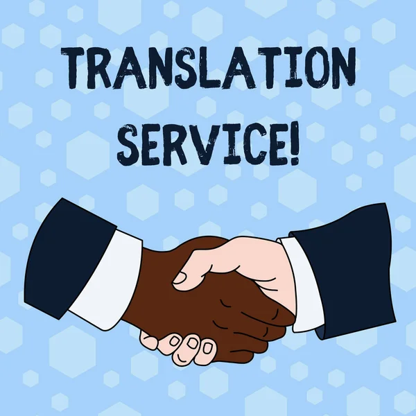 Word writing text Translation Service. Business concept for the Equivalent Target Language from the Mother Tongue Hand Shake Multiracial Male Business Partners Colleagues Formal Shirt Suit.