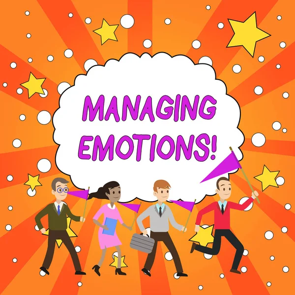 Texto de escritura a mano Managing Emotions. Concepto que significa habilidad estar abierto a los sentimientos y modularlos en uno mismo People Crowd Flags Pennants Headaded by Leader Running Demonstration Meeting . — Foto de Stock