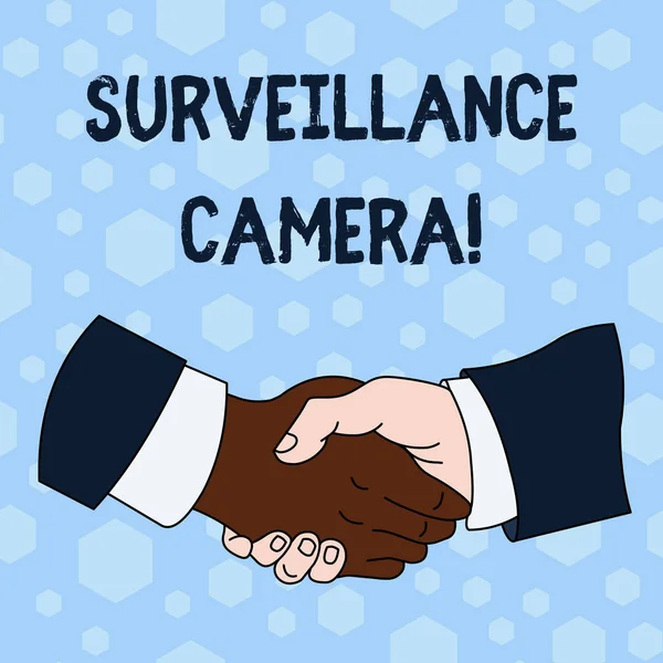 Word writing text Surveillance Camera. Business concept for Closed Circuit Television transmit signal on monitors Hand Shake Multiracial Male Business Partners Colleagues Formal Shirt Suit. — Stock Photo, Image