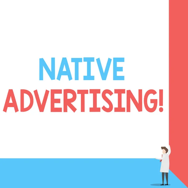 Handwriting text Native Advertising. Concept meaning Online Paid Ads Match the Form Function of Webpage Front view young woman holding two hands right corner big blank rectangle.