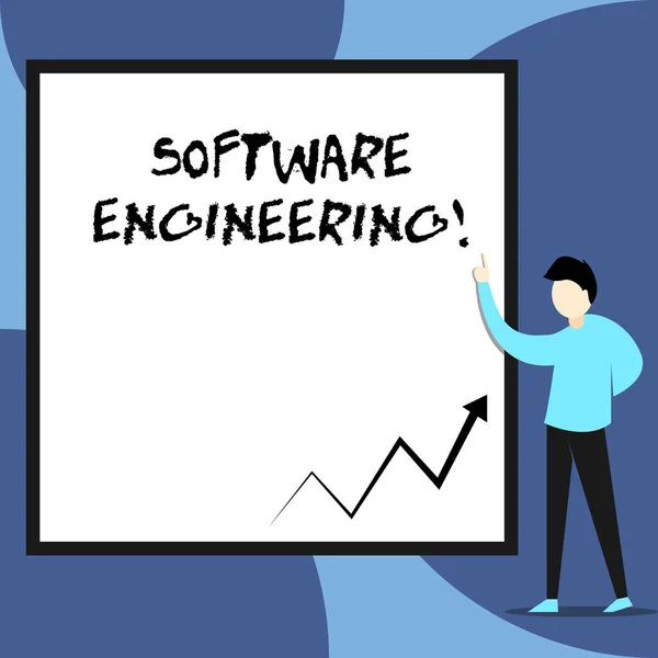 Word scrittura di testo Ingegneria del software. Business concept for Program Development in Systematic Quantifiable approach View young man standing standing up blank rectangle Sfondo geometrico . — Foto Stock
