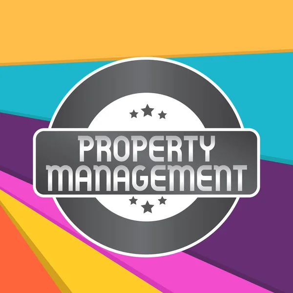 Word Writing Text Property Management. Geschäftskonzept für die Beaufsichtigung von Immobilien erhalten Wert der Anlage gefärbt runde Form Etikett Abzeichen Sterne leer rechteckige Textfeld Auszeichnung. — Stockfoto