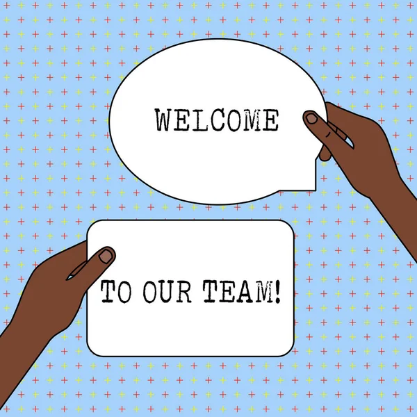 Conceptual hand writing showing Welcome To Our Team. Business photo text introducing another demonstrating to your team mates Two Figured Tablets Signs Held in Hands One Above Other Text Space. — Stock Photo, Image