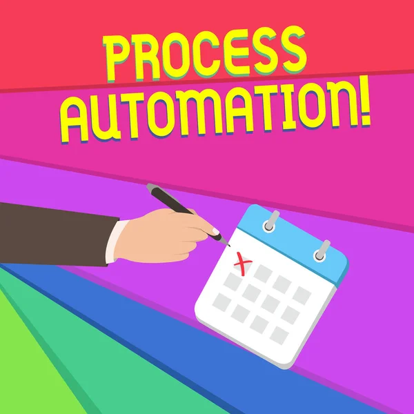 Handschrift tekst schrijven procesautomatisering. Concept zin transformatie gestroomlijnde robotica om te voorkomen dat redundantie mannelijke hand formeel pak kruist een dag kalender rode inkt balpen. — Stockfoto