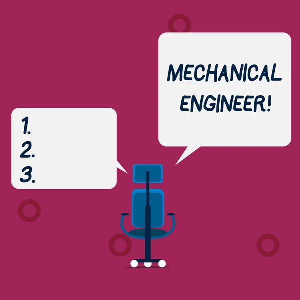 Koncepcionális kézi írás a gépészmérnök bemutatásával. Üzleti fotó szöveg alkalmazott mérnöki fegyelem mechanikus rendszer kerekes munka szék három kerékkel és két karral jelen beszéd. — Stock Fotó