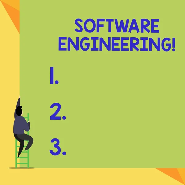 Escrevendo nota mostrando Engenharia de Software. Foto de negócios mostrando Programa Desenvolvimento em Sistemática Abordagem quantificável Visão traseira Homem subindo escada deitado grande retângulo em branco . — Fotografia de Stock