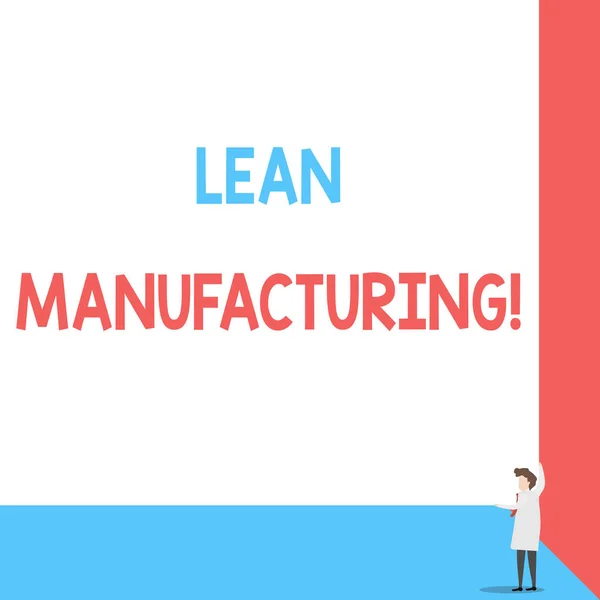 Handwriting text Lean Manufacturing. Concept meaning Waste Minimization without sacrificing productivity Front view young woman holding two hands right corner big blank rectangle.