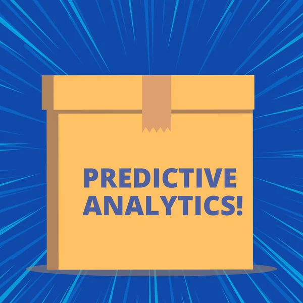 Writing note showing Predictive Analytics. Business photo showcasing Optimize Collection Achieve CRM Identify Customer Close up front view brown cardboard sealed box lid. Blank background.