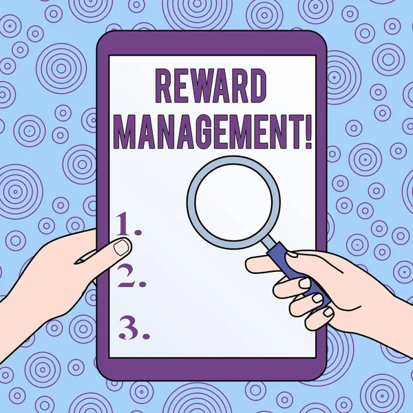 Conceptual hand writing showing Reward Perforanalysisce. Business photo showcasing Appraisal Recognize workers Relative Worth to the company Hands Holding Magnifying Glass Against Switched Off Tablet. — Stock Photo, Image