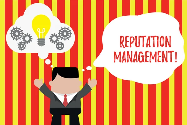 Writing note showing Reputation Management. Business photo showcasing Influence and Control the Image Brand Restoration Man hands up imaginary bubble light bulb working together. — Stock Photo, Image