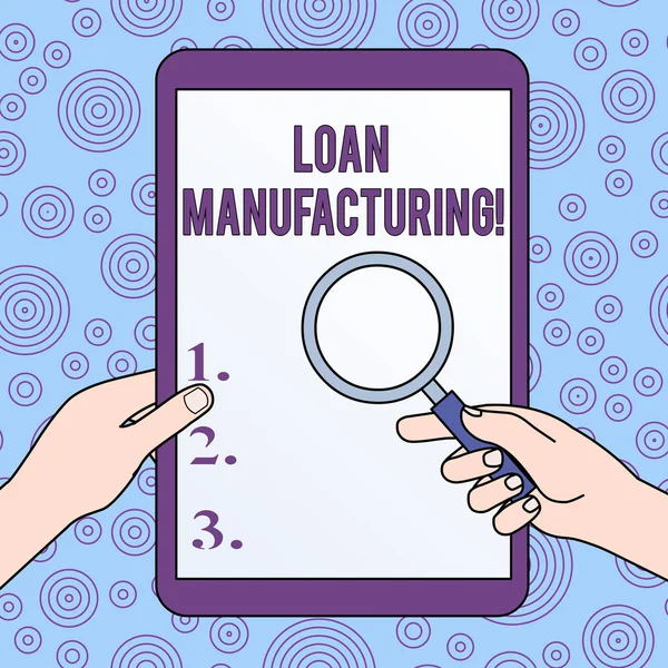 Conceptual hand writing showing Loan Manufacturing. Business photo showcasing Bank Process to check Eligibility of the Borrower Hands Holding Magnifying Glass Against Switched Off Tablet. — Stock Photo, Image