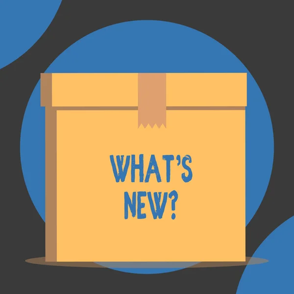 Handwriting text What S New Question. Concept meaning Asking about latest Updates Trends Happening News Close up front view open brown cardboard sealed box lid. Blank background.