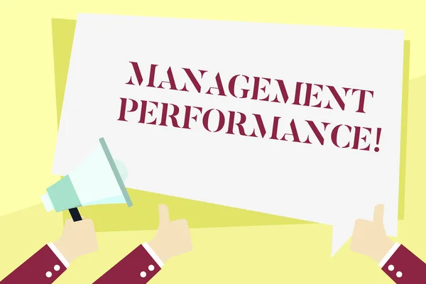 Écriture de texte Gestion Perforanalysisce. Concept d'affaires pour la rétroaction sur les compétences et les compétences en gestion Tenant à la main le mégaphone et deux autres gestes Thumbs Up avec ballon texte . — Photo