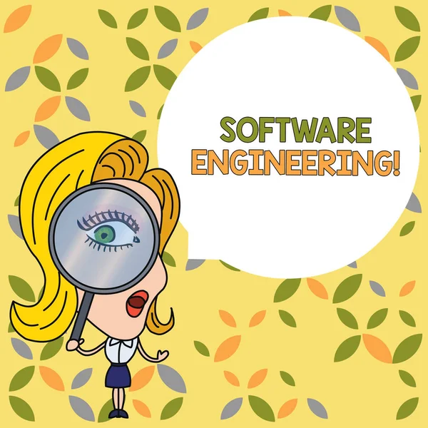 Testo di scrittura Ingegneria del software. Concetto significato Programma di sviluppo in approccio sistematico quantificabile Donna Guardando attraverso lente di ingrandimento Big Eye Blank Round Speech Bubble . — Foto Stock