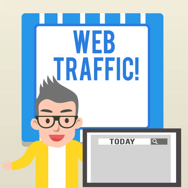Handwriting text writing Web Traffic. Concept meaning amount of data sent and received by visitors to website Male Speaker Monitor with Search Tool on Screen Presentation or Report.