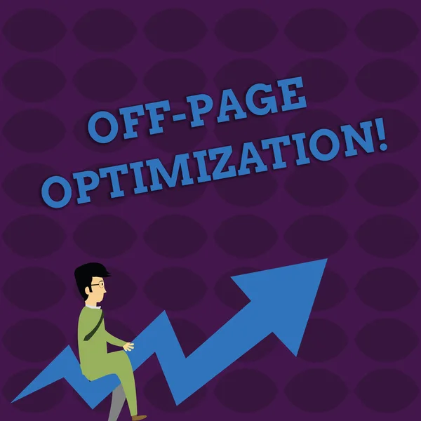 Escrita à mão escrita de texto Off Page Optimization. Conceito significado Website Processo Externo Método Promocional Ranking Empresário com óculos Equitação Crooked Color Arrow Apontar Subir . — Fotografia de Stock