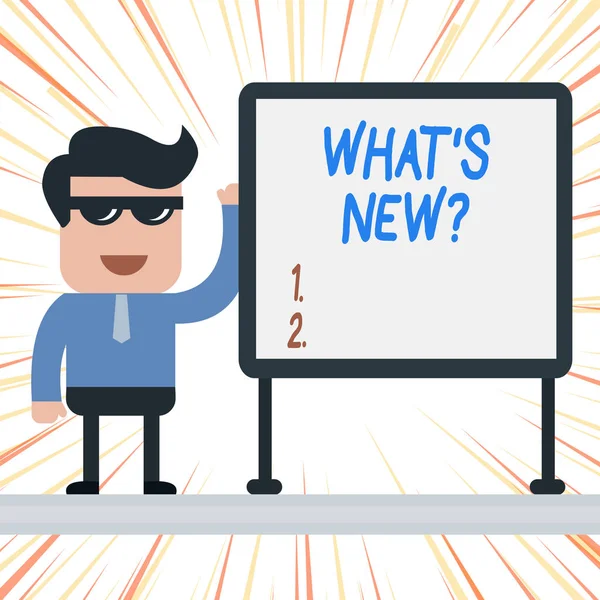 Handwriting text What S New Question. Concept meaning Asking about latest Updates Trends Happening News Businessman Office Worker Sunglasses Blank Whiteboard Meeting Presentation.