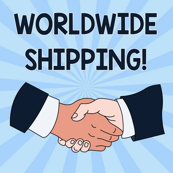 Escritura a mano conceptual que muestra Worldwide Shipping. Foto de negocios mostrando flete marítimo entrega de mercancías International Shipment Hand Shake Multiracial Male Colleagues Traje de camisa formal . — Foto de Stock