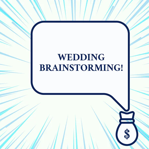 Handwriting text writing Wedding Brainstorming. Concept meaning Getting married in an economical breaking the bank Isolated front view speech bubble pointing down dollar USD money bag icon.