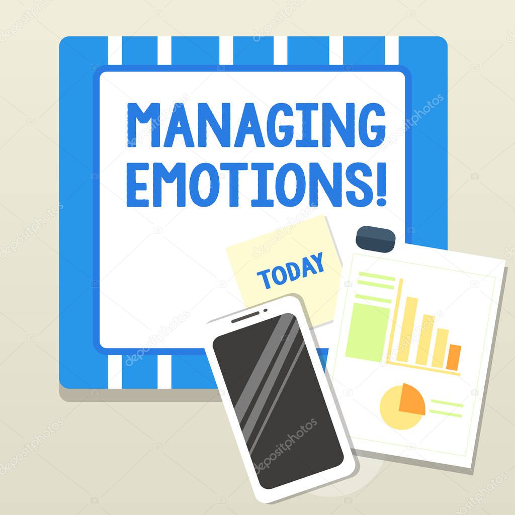 Word writing text Managing Emotions. Business concept for ability be open to feelings and modulate them in oneself Layout Smartphone Off Sticky Notes Clipboard with Pie Chart and Bar Graph.