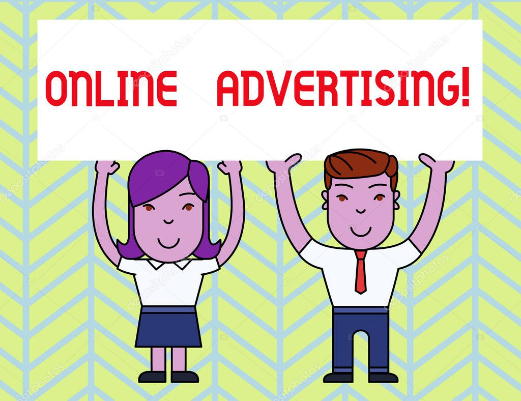 Writing note showing Online Advertising. Business photo showcasing Internet Web Marketing to Promote Products and Services Two Smiling People Holding Poster Board Overhead with Hands.