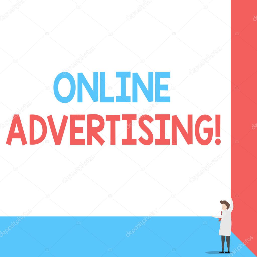 Handwriting text Online Advertising. Concept meaning Internet Web Marketing to Promote Products and Services Front view young woman holding two hands right corner big blank rectangle.