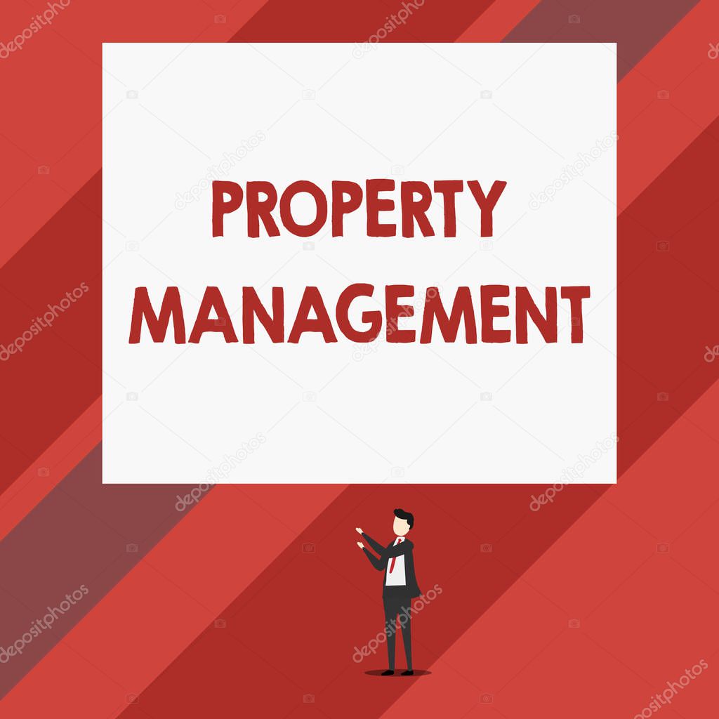 Writing note showing Property Management. Business photo showcasing Overseeing of Real Estate Preserved value of Facility Isolated view man standing pointing upwards two hands big rectangle.