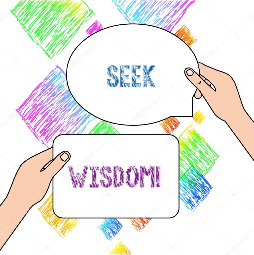 Text sign showing Seek Wisdom. Conceptual photo ability to think act using knowledge experience understanding Two Blank Figured Tablets Signs Held in Hands One Above Other Text Space.